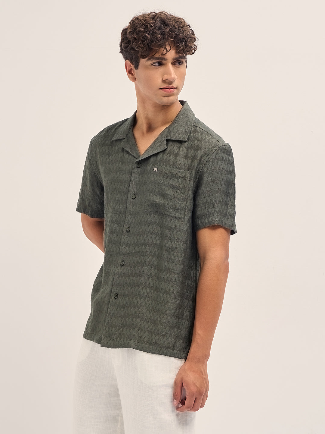 Olive Zigzag Textured Weave Relaxed Fit Half Sleeve Casual Shirt