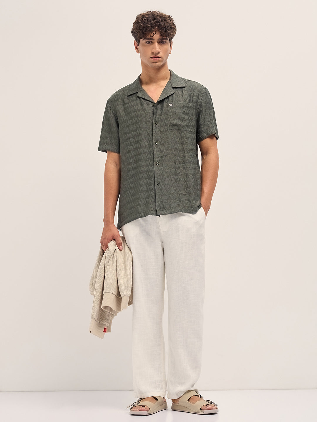 Olive Zigzag Textured Weave Relaxed Fit Half Sleeve Casual Shirt