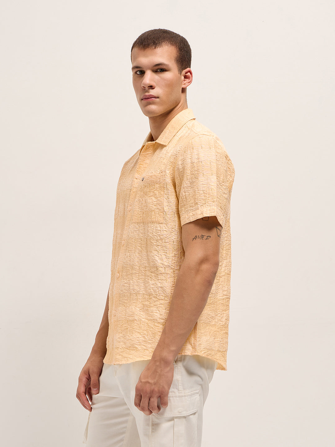 Yellow Crinkle Textured Regular Fit Half-Sleeve Casual Shirt