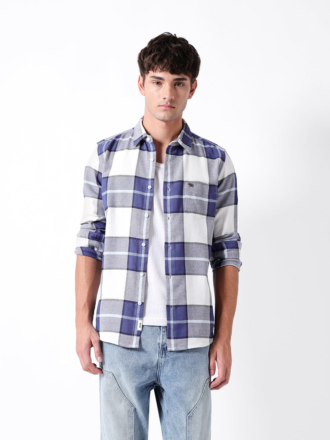 Blue & White Woven Check Slim Fit Casual Shirt