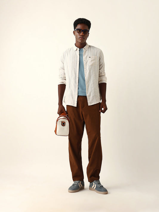 Cream Woven Vertical Striped Slim Fit Casual Shirt