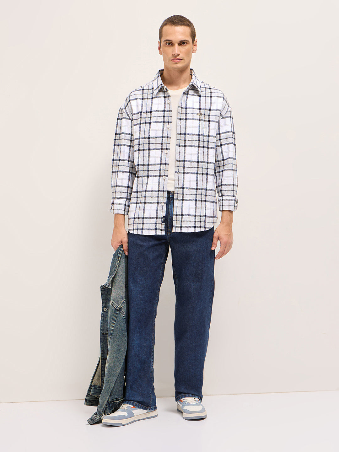 White Tartan Checked Design Relaxed Fit Overshirt