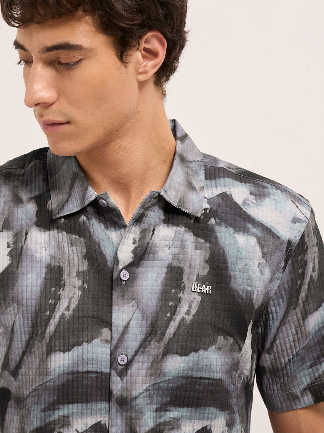 Grey Textured Check Abstract Digital Print Relaxed Fit Casual Shirt