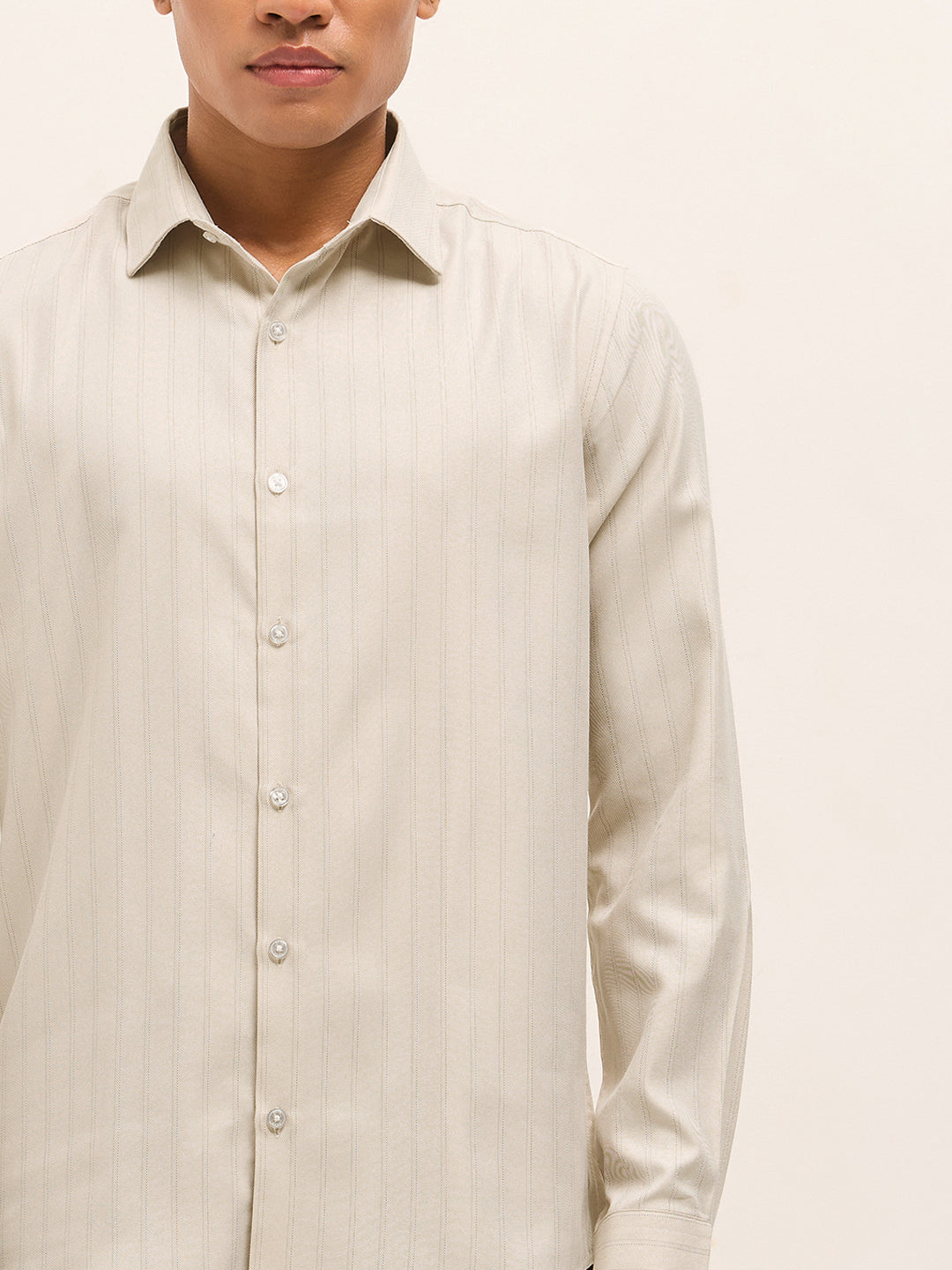 Beige Woven Stripe Pattern Tailored Fit Formal Shirt