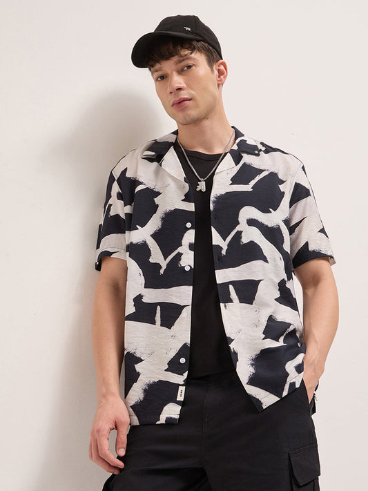 Black Abstract Brushstroke Print Relaxed Fit Cuban Collar Casual Shirt