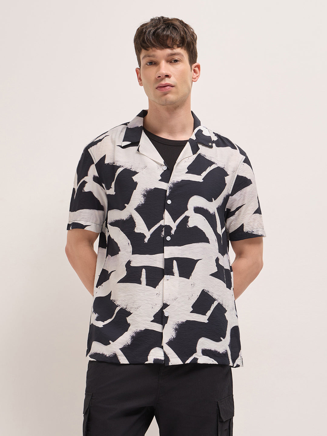 Black Abstract Brushstroke Print Relaxed Fit Cuban Collar Casual Shirt