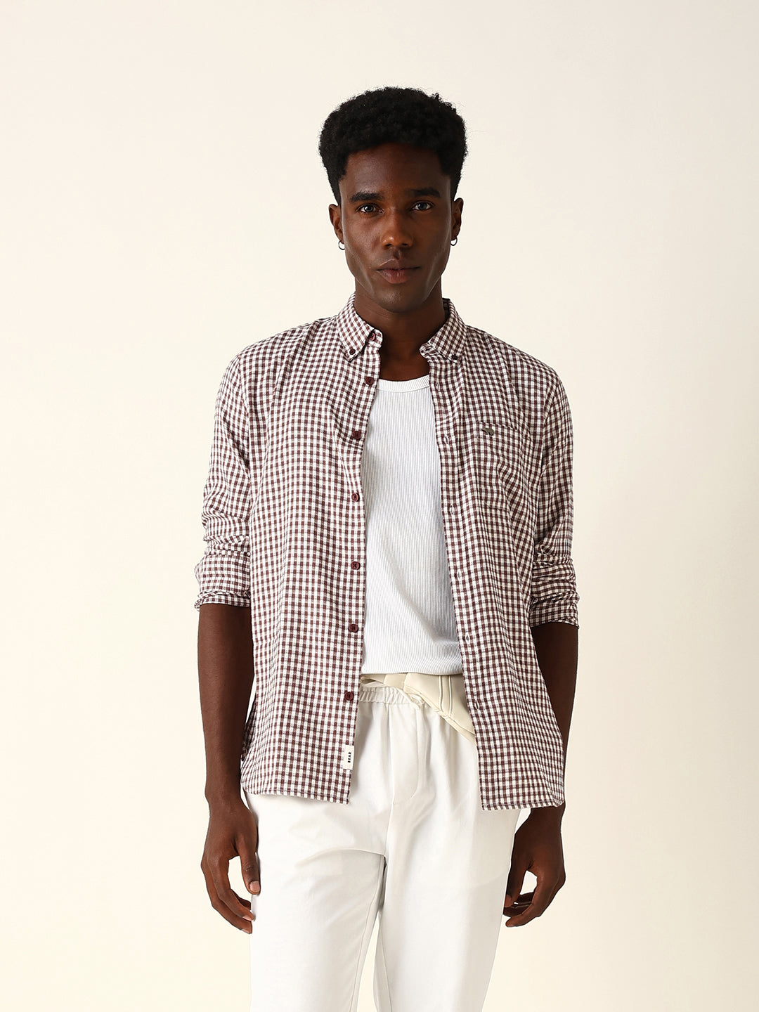 Maroon Woven Micro-Checked Slim Fit Casual Shirt