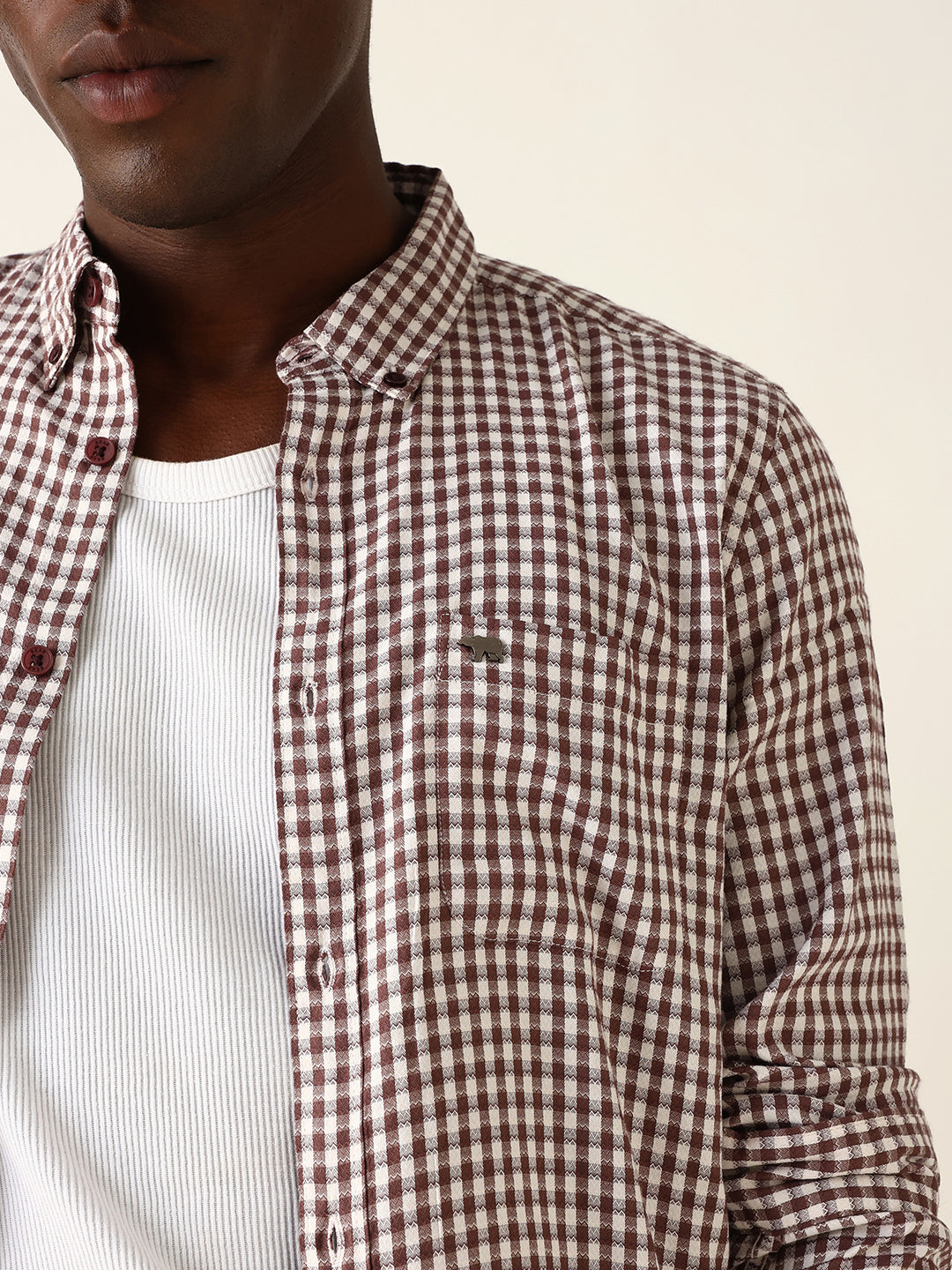 Maroon Woven Micro-Checked Slim Fit Casual Shirt