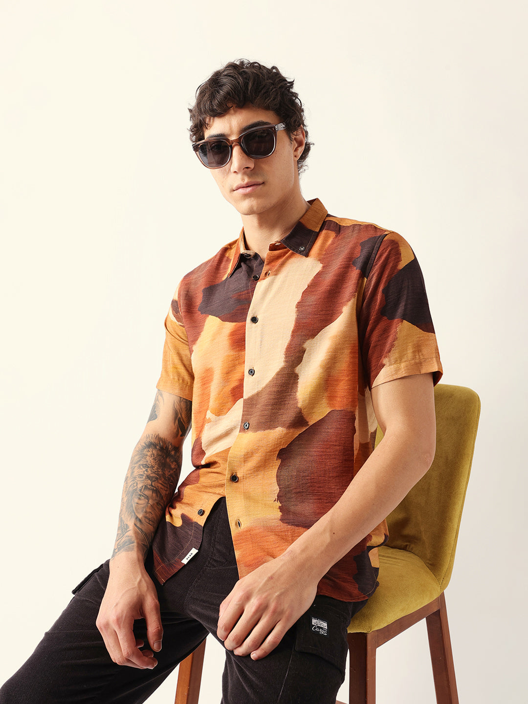 Multicolor Abstract Watercolor Brushstroke Print Regular Fit Casual Shirt