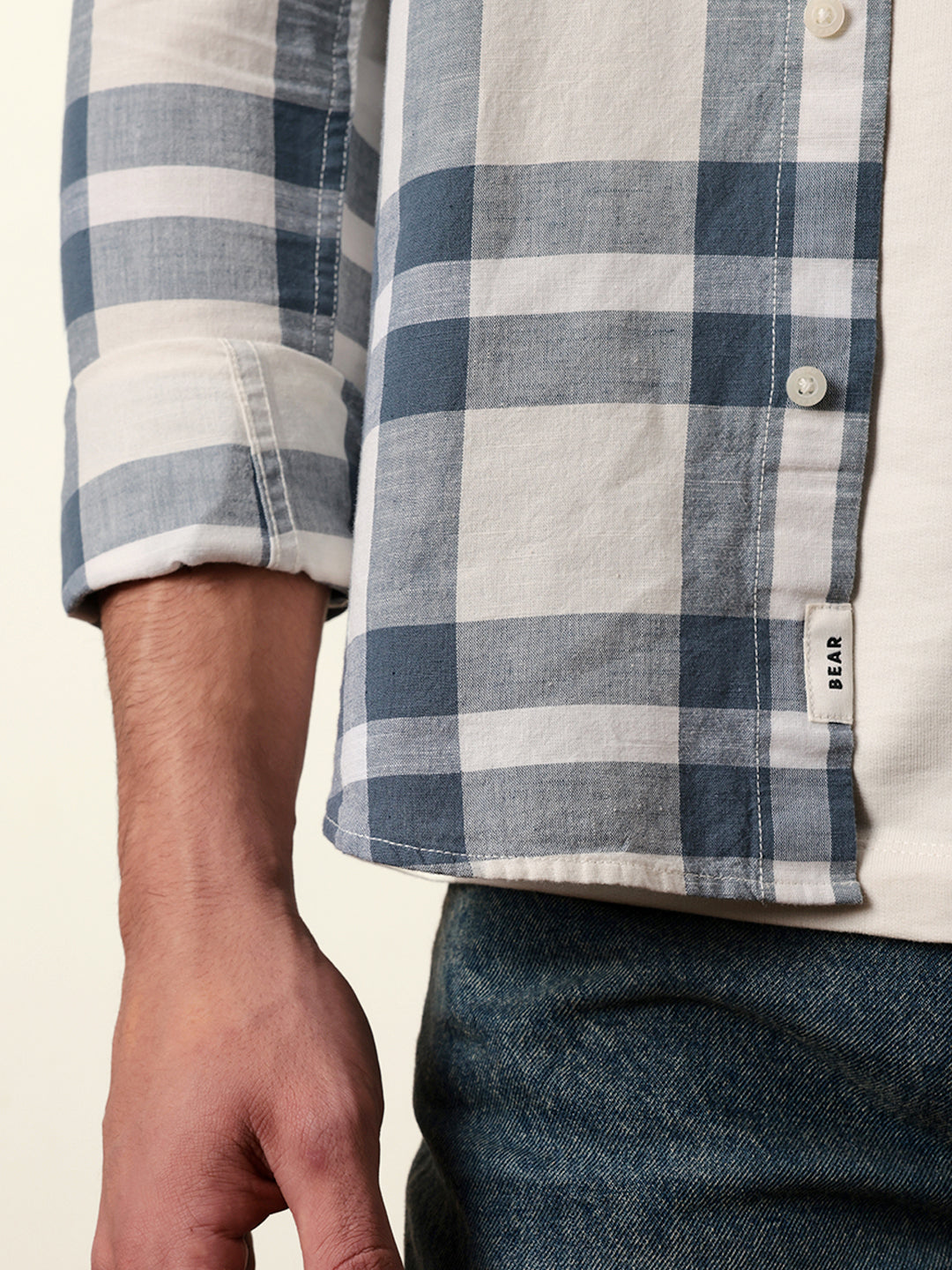 Off white Blue Pink Woven Tartan Checked Slim Fit Casual Shirt