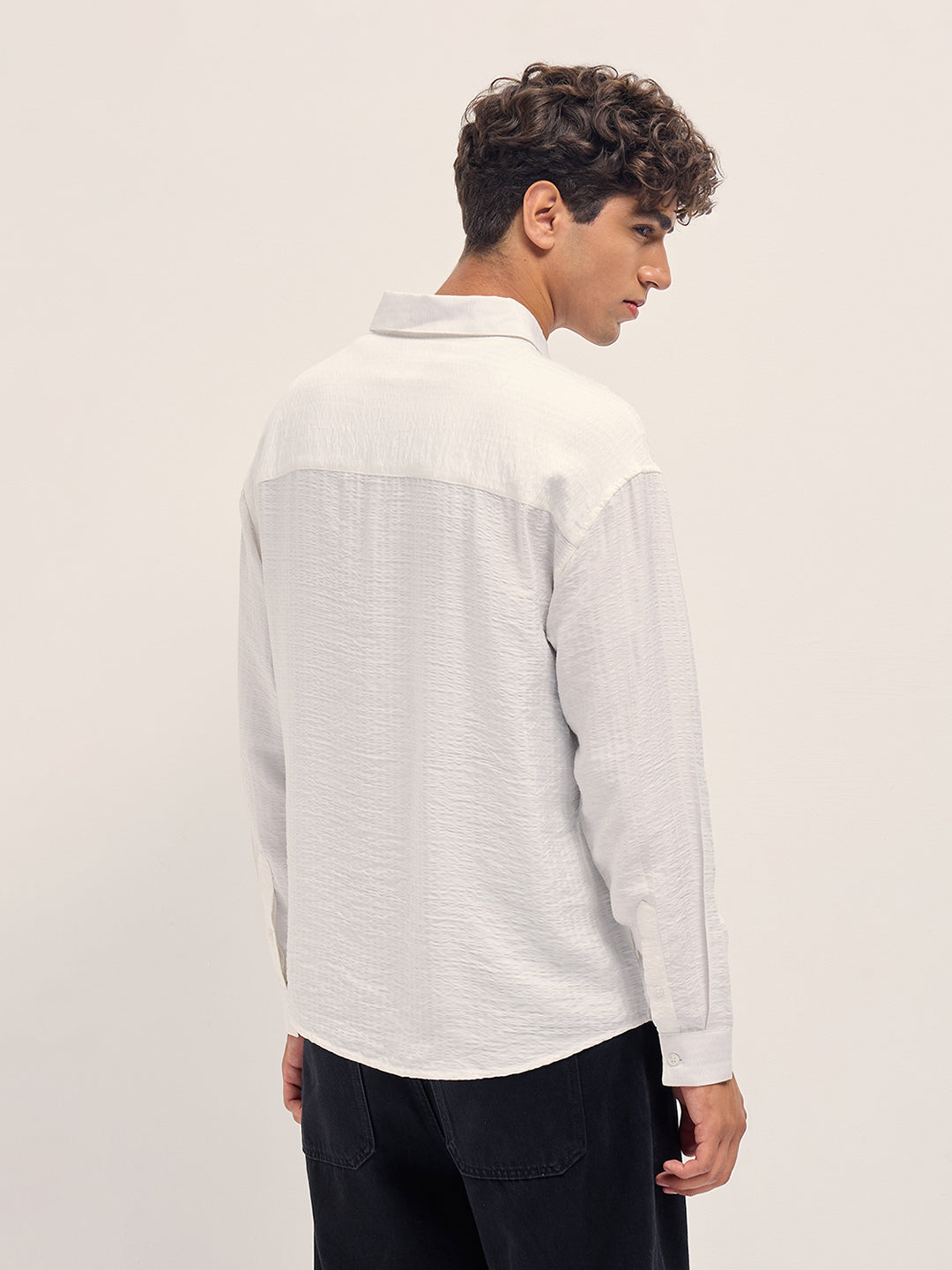 White Crinkled Stripe Textured Relaxed Fit Long Sleeve Shirt