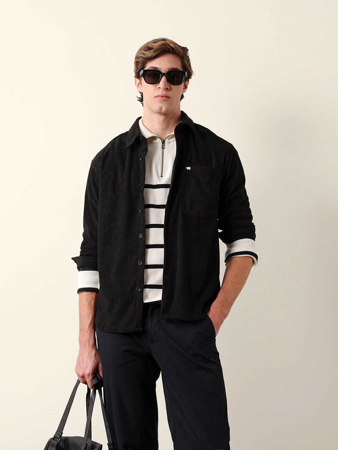 Black Corduroy Relaxed Fit Textured Overshirt