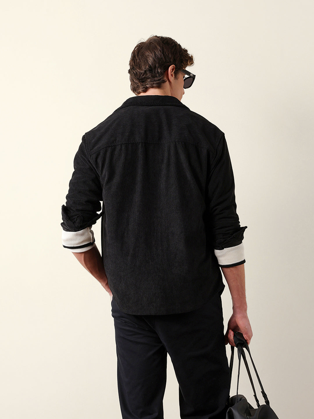 Black Corduroy Relaxed Fit Textured Overshirt