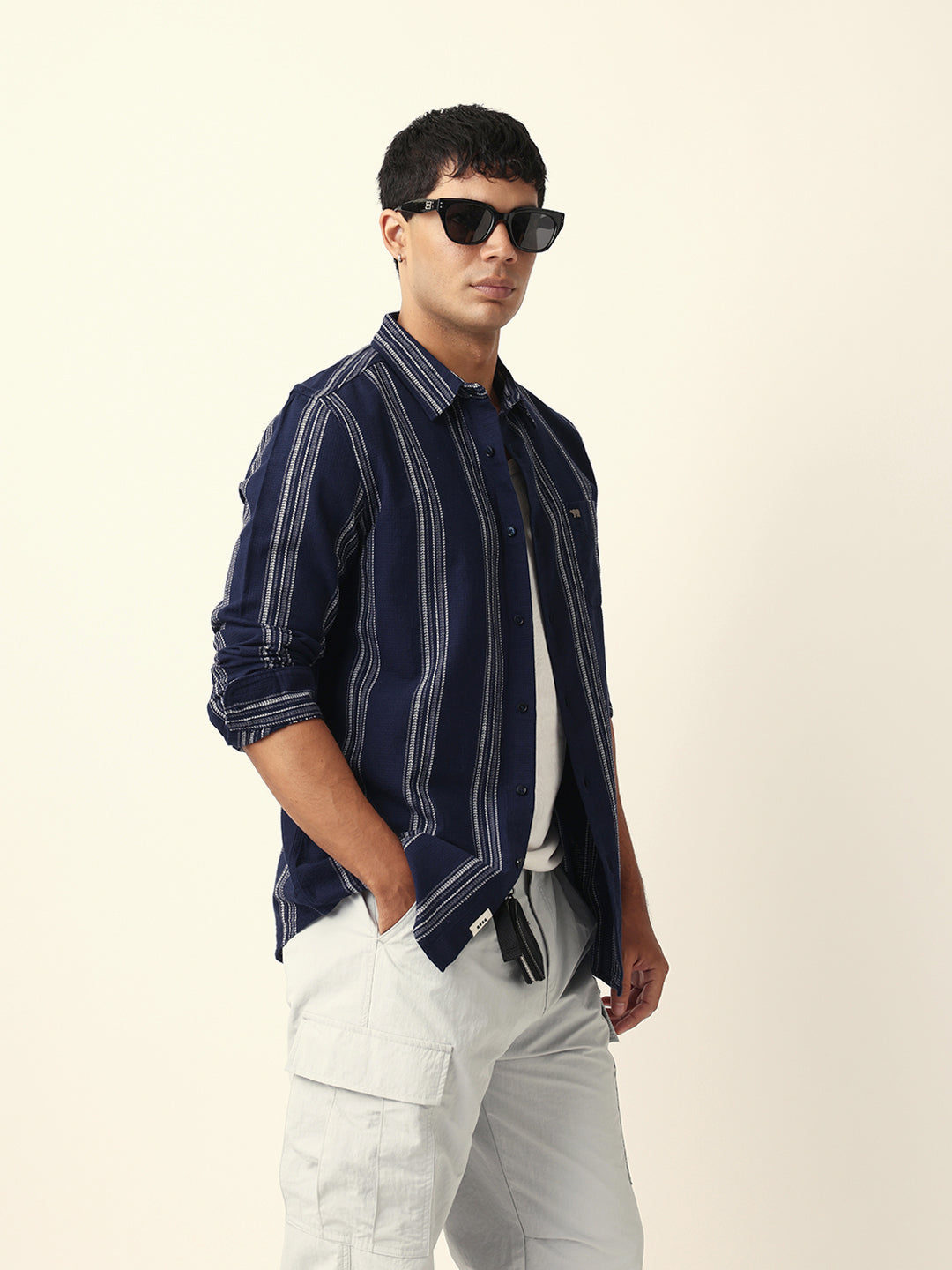 Blue Vertical Woven Stripe Slim Fit Casual Shirt