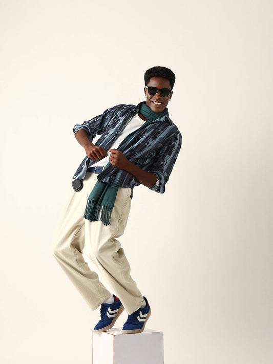 Blue Abstract Textured Printed Regular Fit Casual Shirt