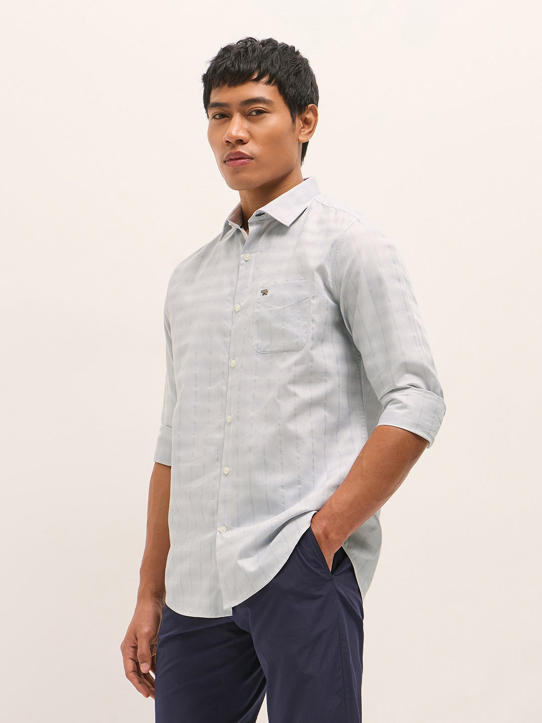Grey Woven Stripe Tailored Fit Formal Shirt