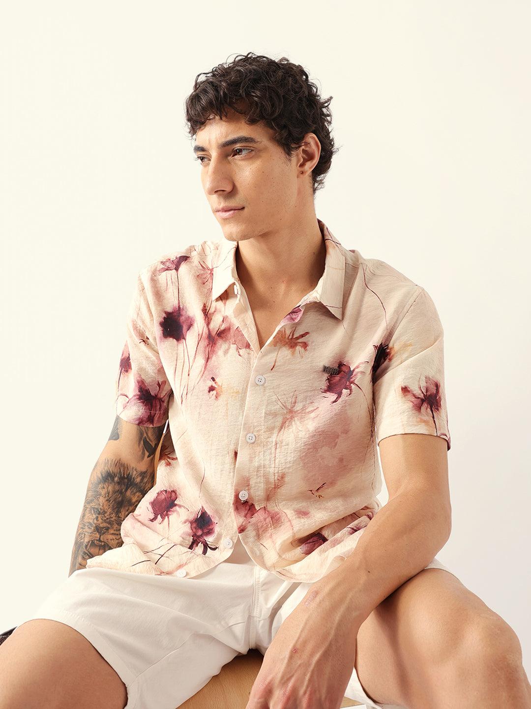 Multicolor Watercolor Botanical Print Relax Fit Casual Shirt