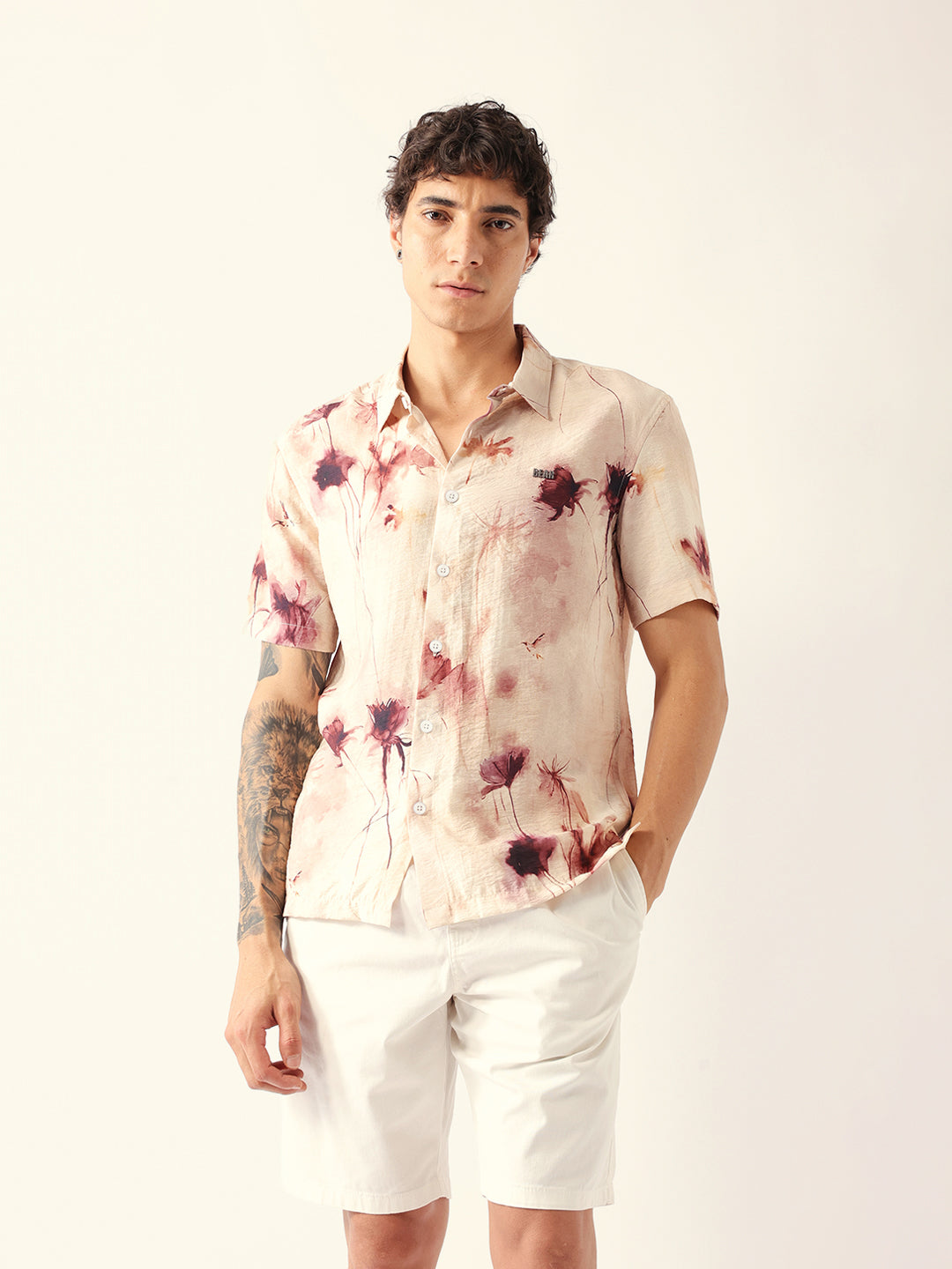 Multicolor Watercolor Botanical Print Relax Fit Casual Shirt