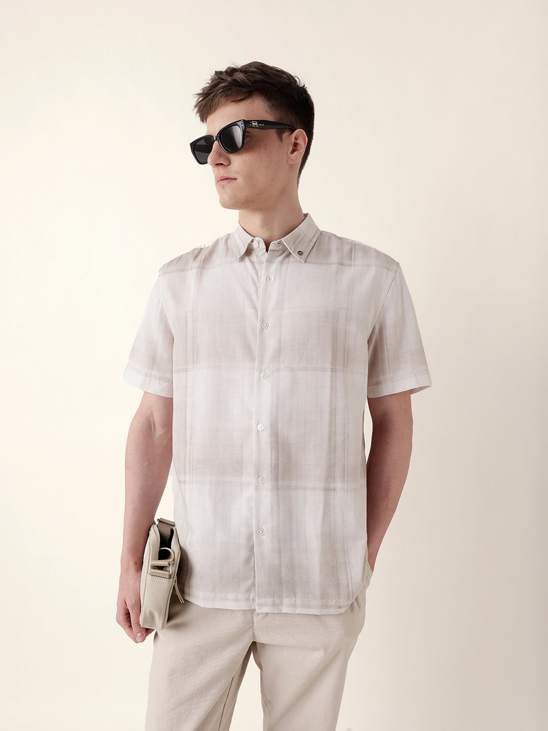 Cream Geometric Check Print Relaxed Fit Casual Shirt