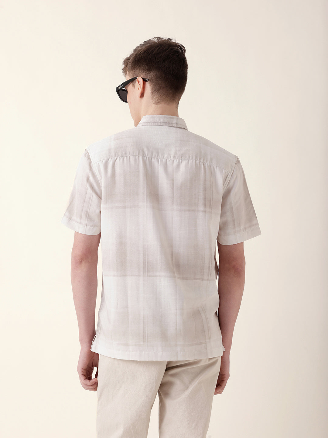 Cream Geometric Check Print Relaxed Fit Casual Shirt