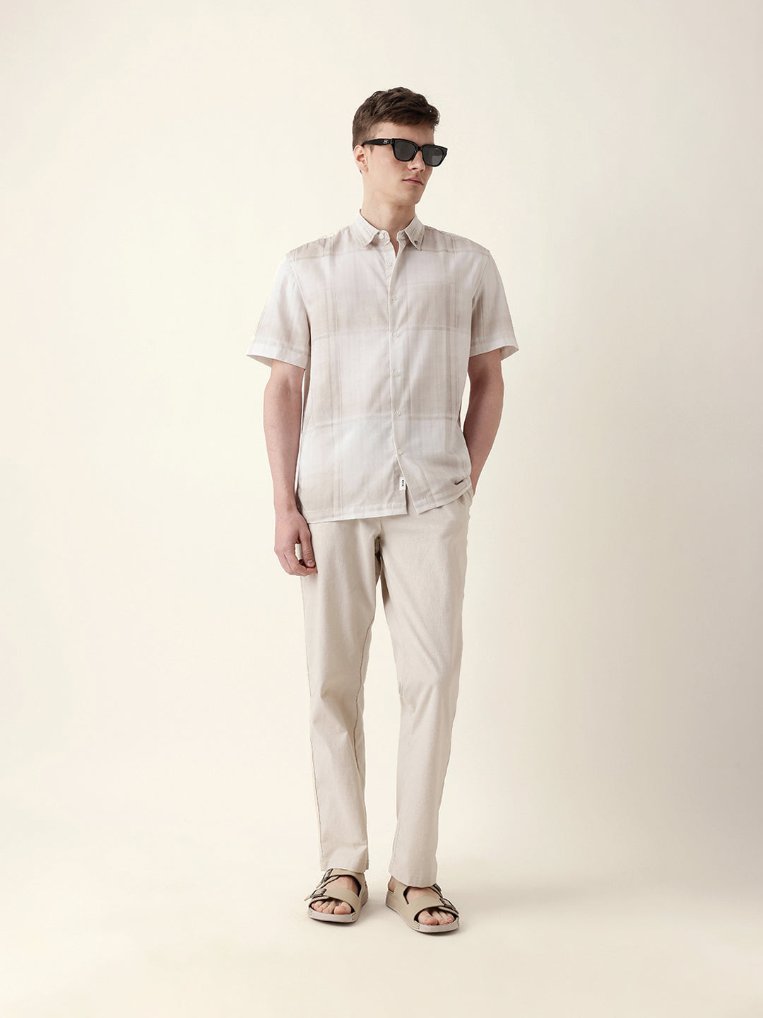 Cream Geometric Check Print Relaxed Fit Casual Shirt