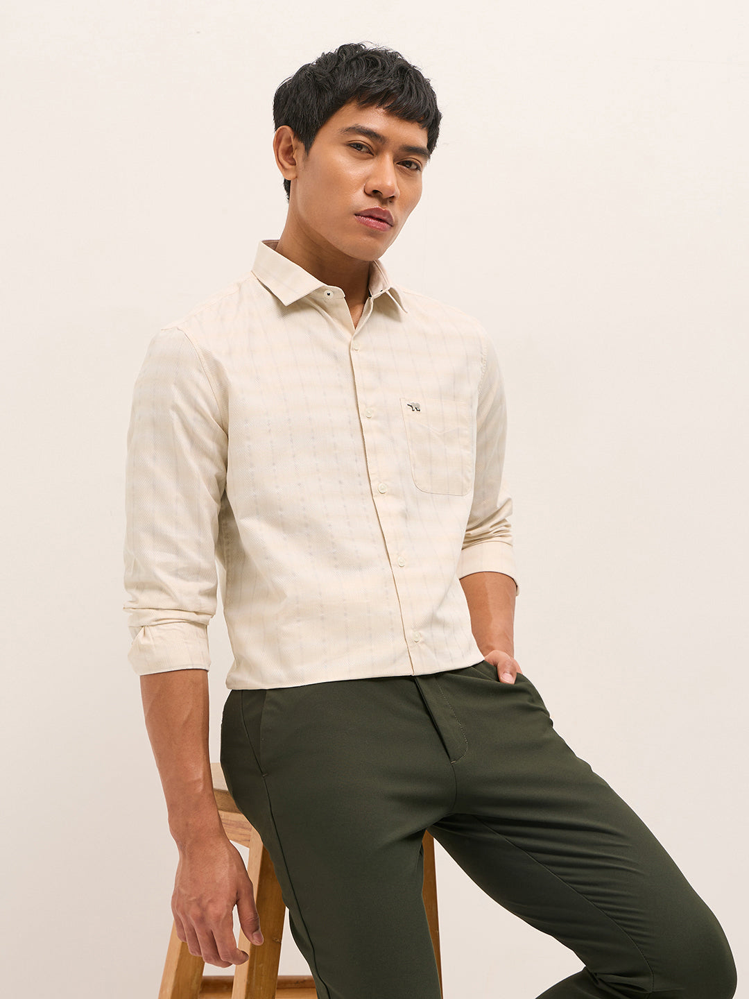 Beige Woven Stripe Tailored Fit Formal Shirt