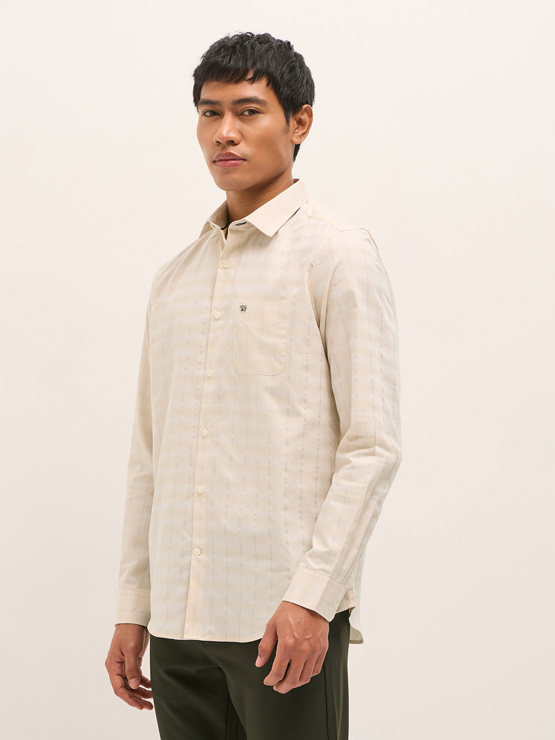 Beige Woven Stripe Tailored Fit Formal Shirt