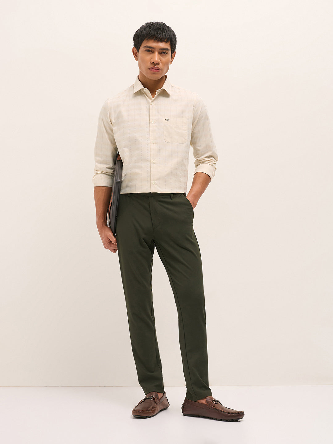 Beige Woven Stripe Tailored Fit Formal Shirt