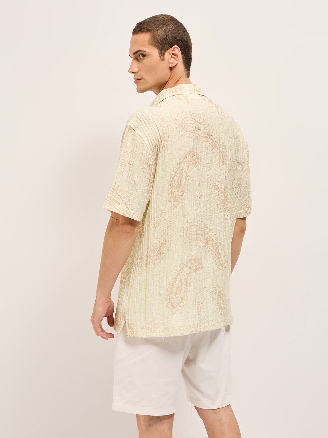 Cream Viscose Paisley Print Relaxed Fit Cuban Collar Shirt