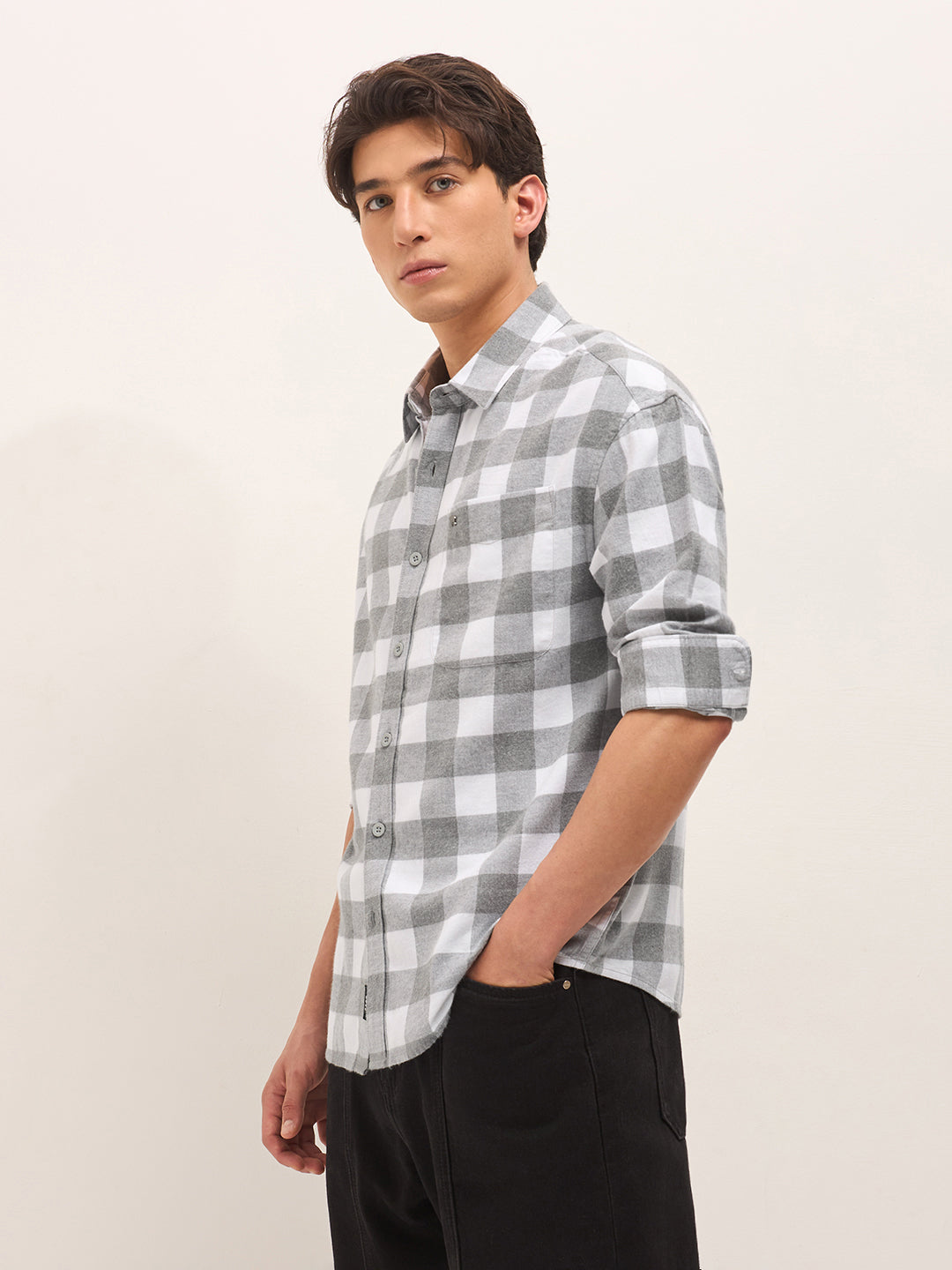 Grey & White Woven Block Checks Flannel Relaxed Fit Casual Shirt