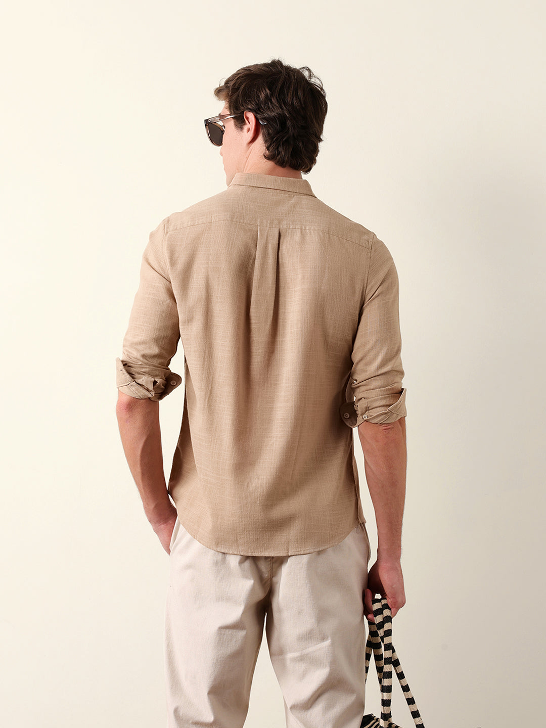 Beige Slub-Textured Woven Slim Fit Casual Shirt