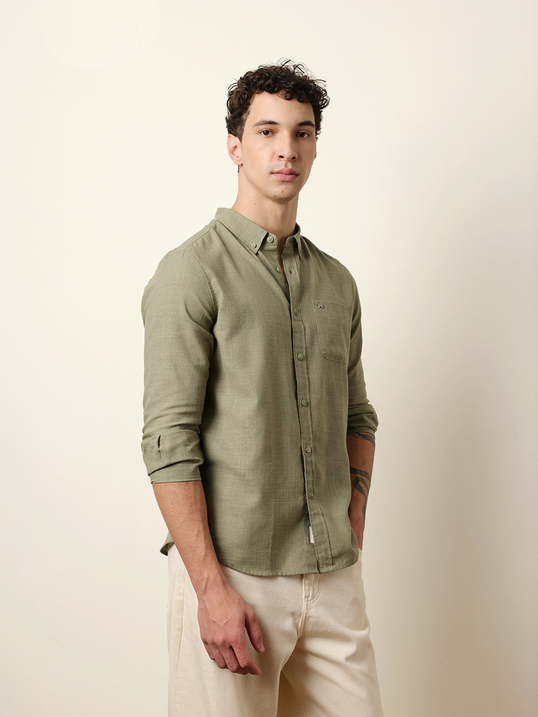 Green Slub-Textured Woven Slim Fit Casual Shirt
