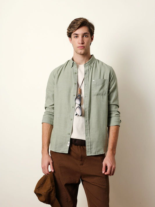 Light Green Slub-Textured Woven Slim Fit Casual Shirt