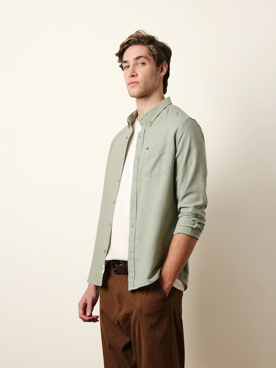 Light Green Slub-Textured Woven Slim Fit Casual Shirt