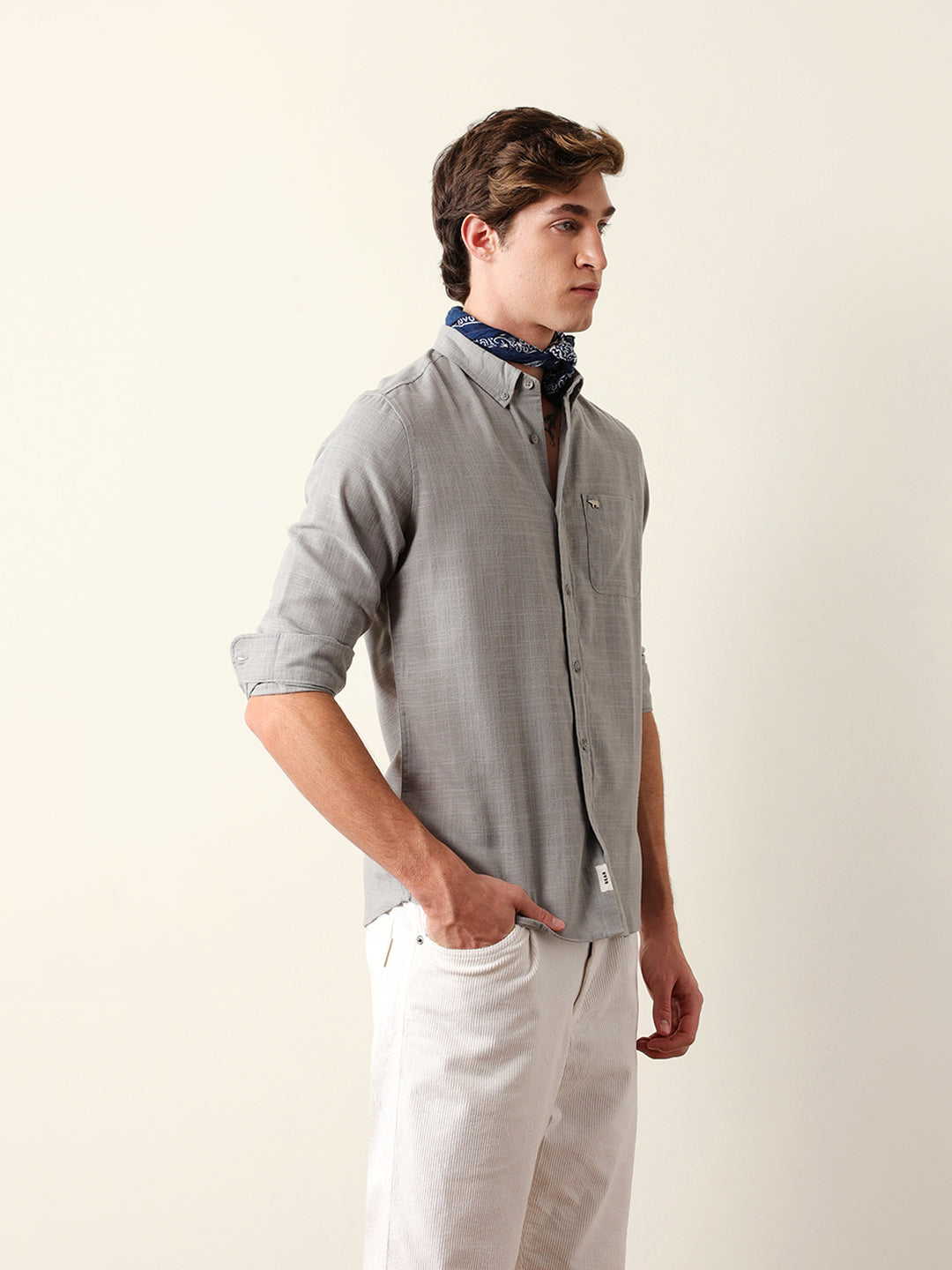 Light Grey Slub-Textured Woven Slim Fit Casual Shirt