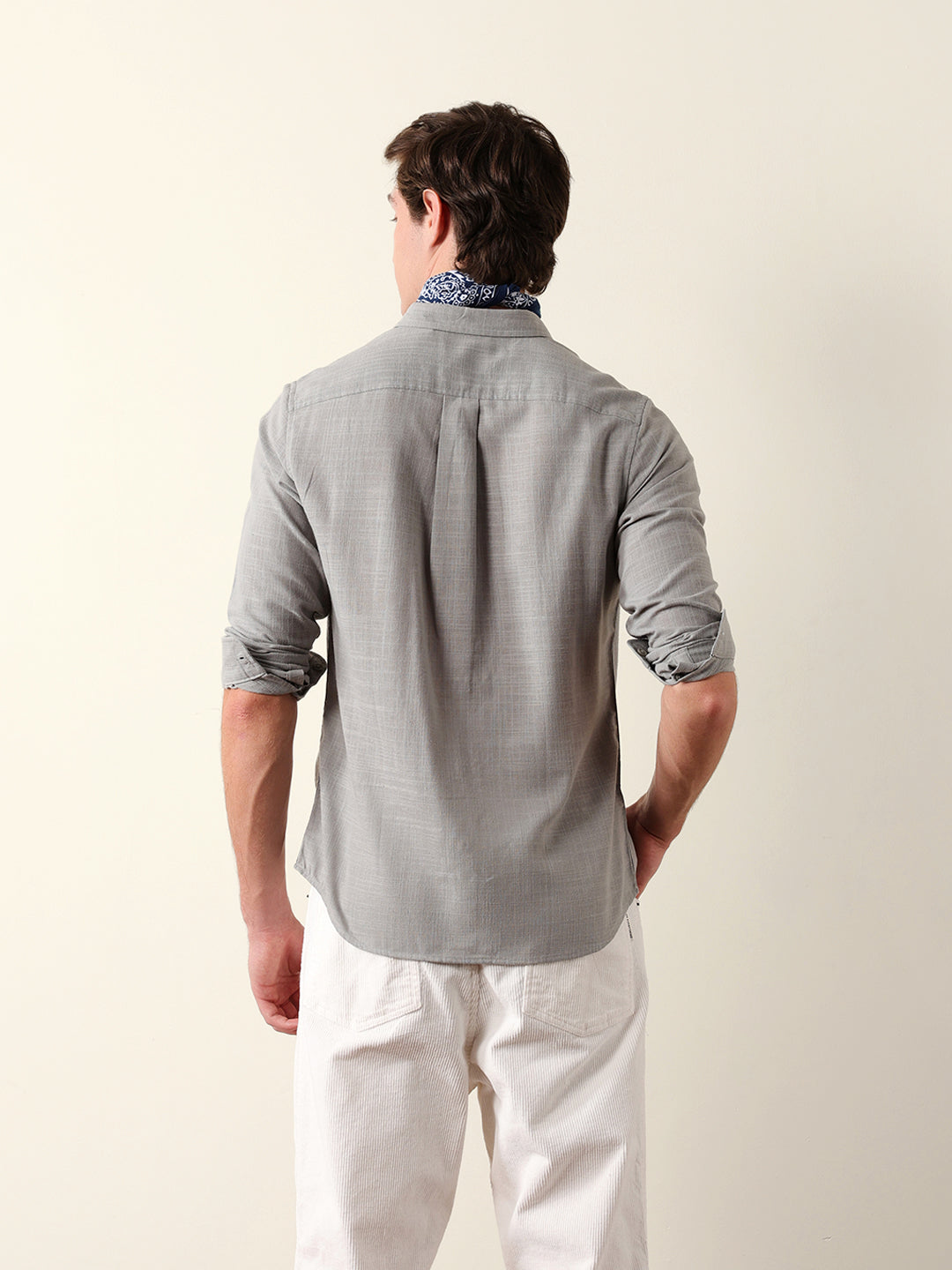 Light Grey Slub-Textured Woven Slim Fit Casual Shirt
