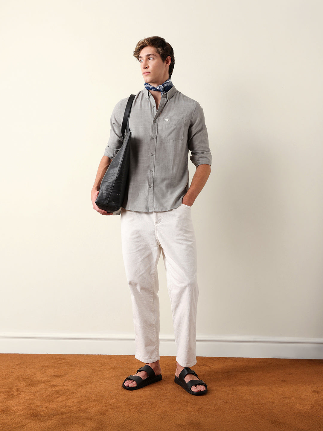 Light Grey Slub-Textured Woven Slim Fit Casual Shirt