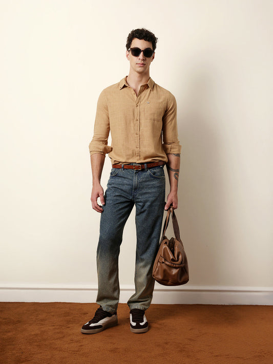 Mustard Slub-Textured Woven Slim Fit Casual Shirt