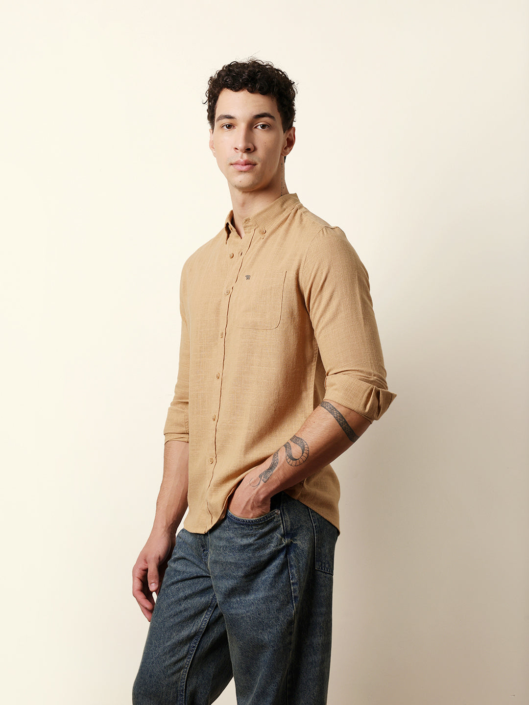 Mustard Slub-Textured Woven Slim Fit Casual Shirt