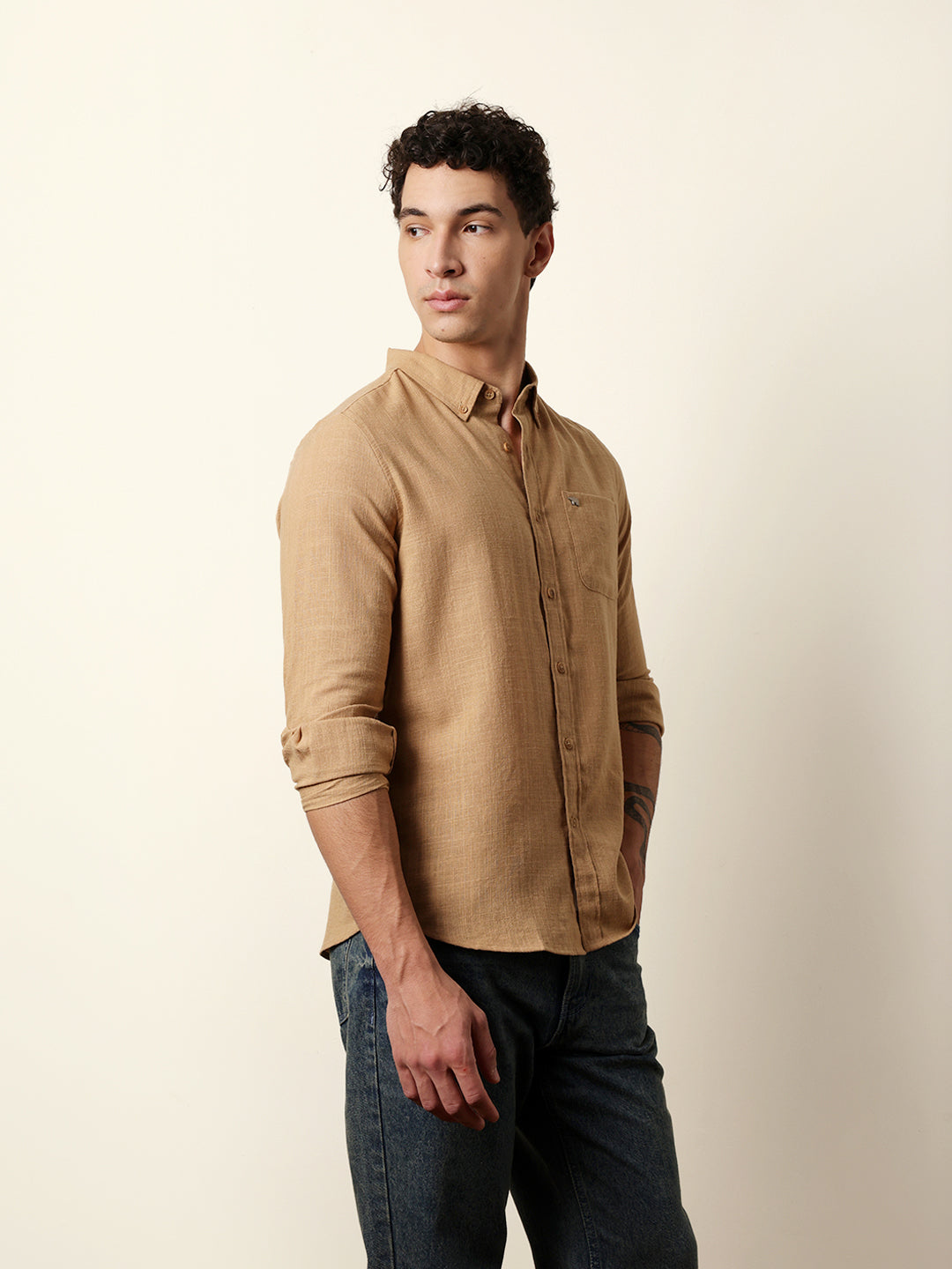 Mustard Slub-Textured Woven Slim Fit Casual Shirt