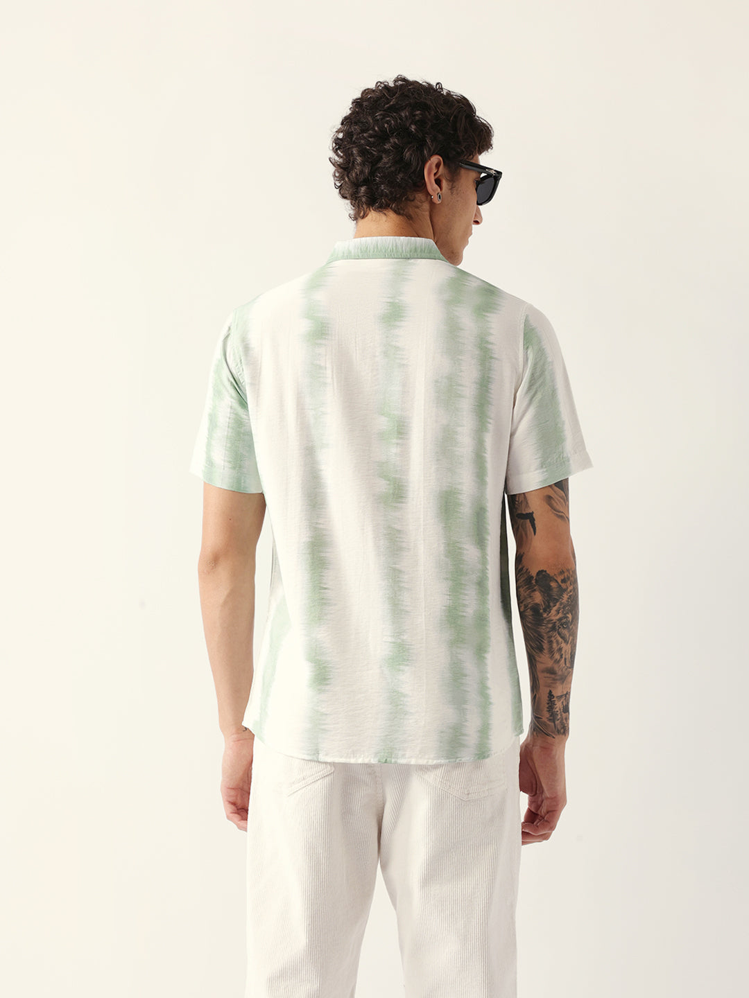 White & Green Vertical Brushstroke Print Regular Fit Casual Shirt