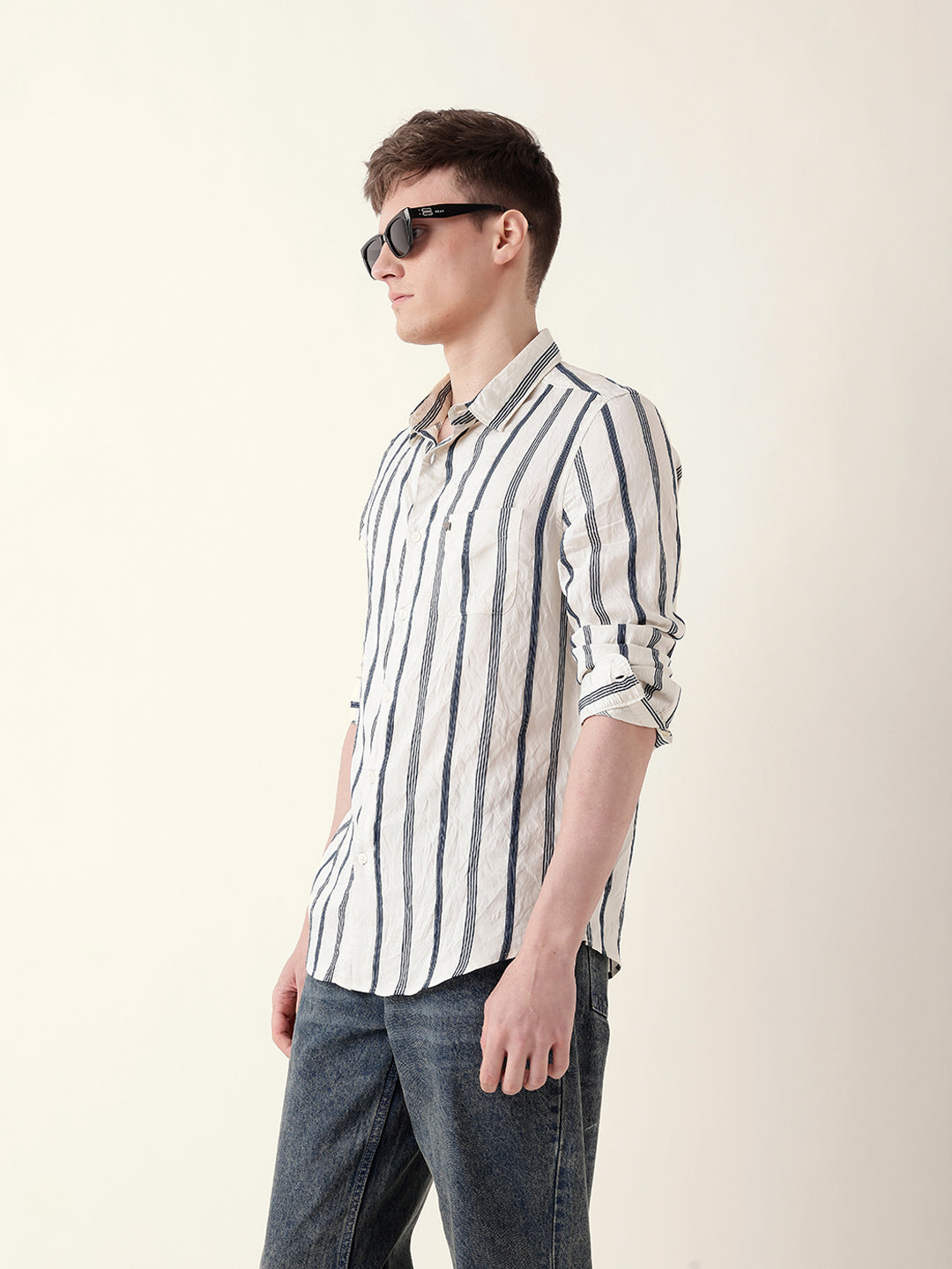 Blue & Cream Vertical Woven Stripe Slim Fit Casual Shirt