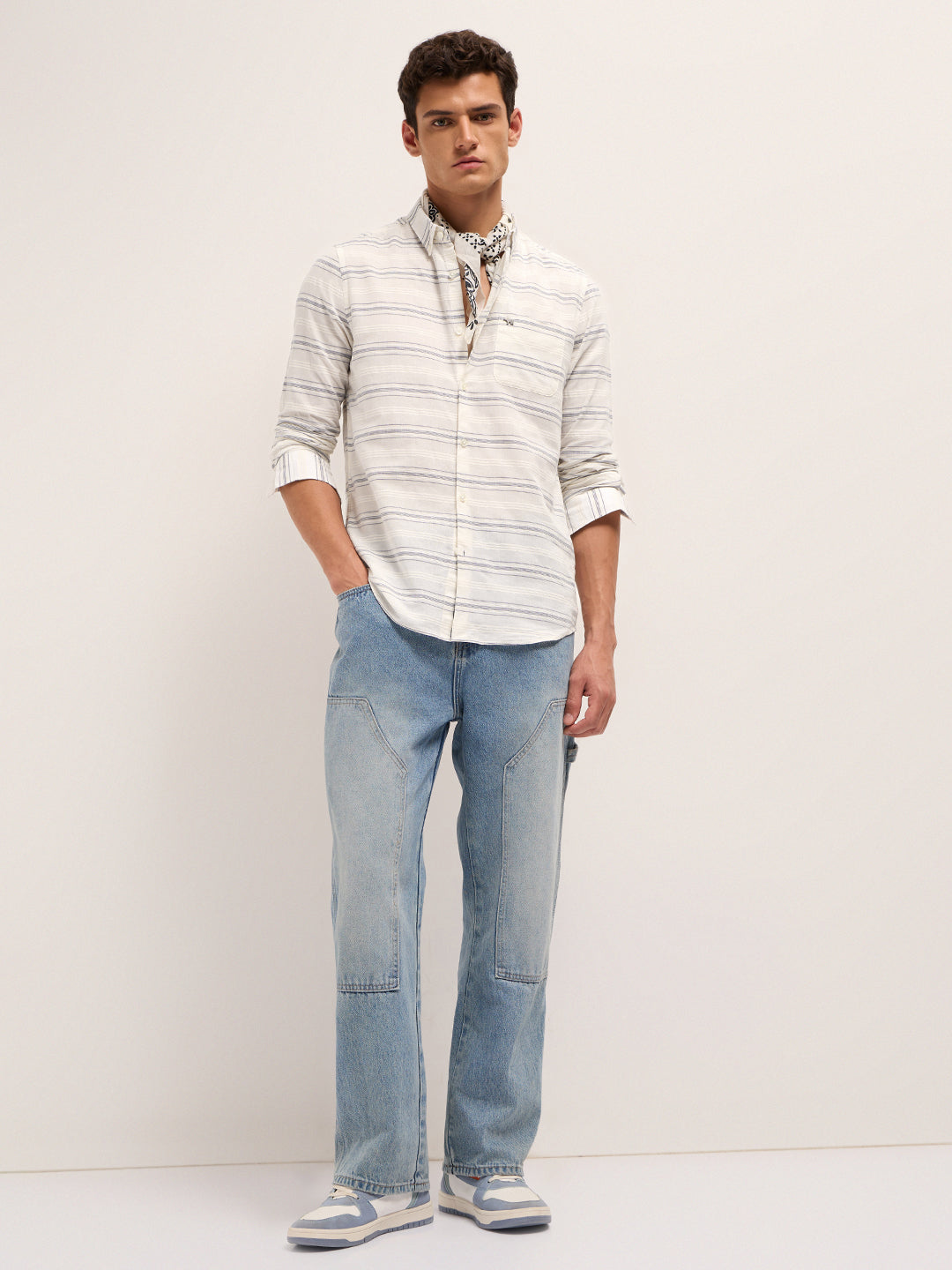 White & Blue Slim Fit Casual Shirt with Woven Horizontal Textured Stripes