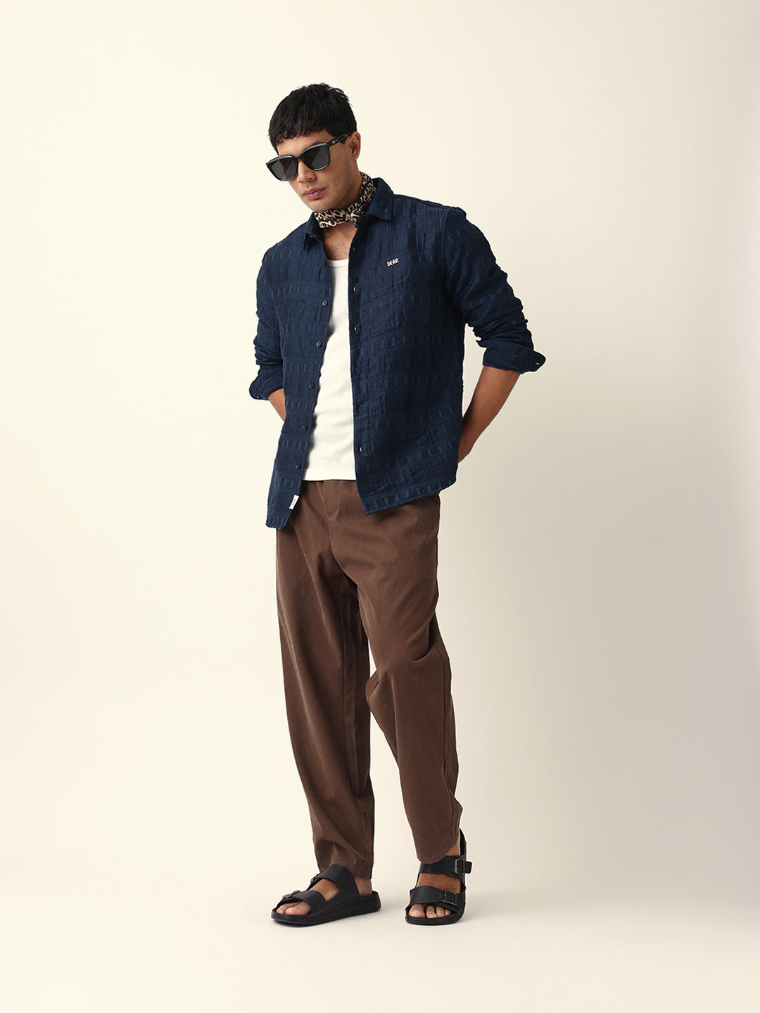 Blue Textured Woven Self-Design Slim Fit Casual Shirt