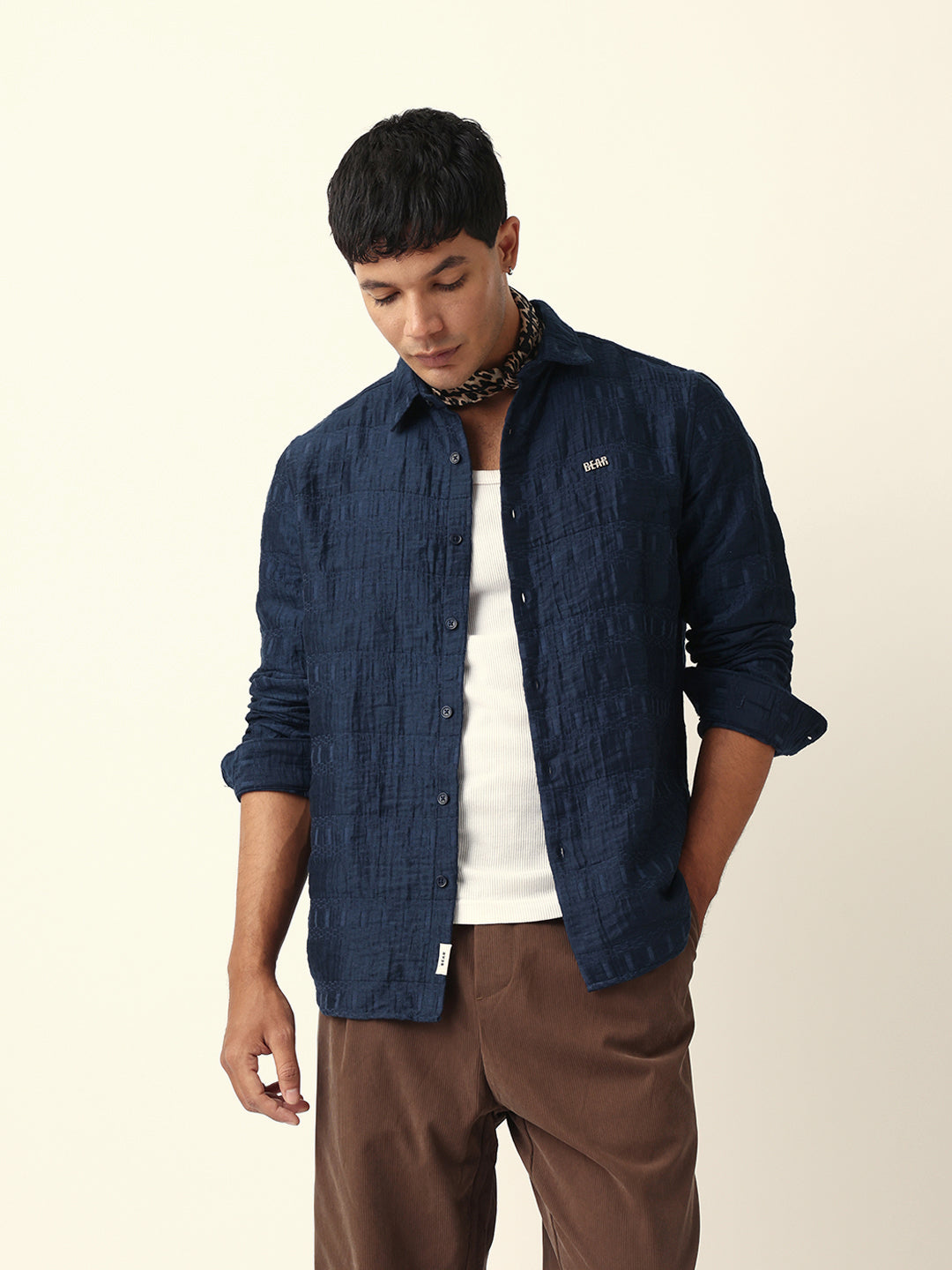 Blue Textured Woven Self-Design Slim Fit Casual Shirt