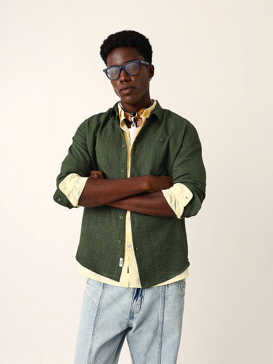 Olive Woven Textured Slim Fit Casual Shirt