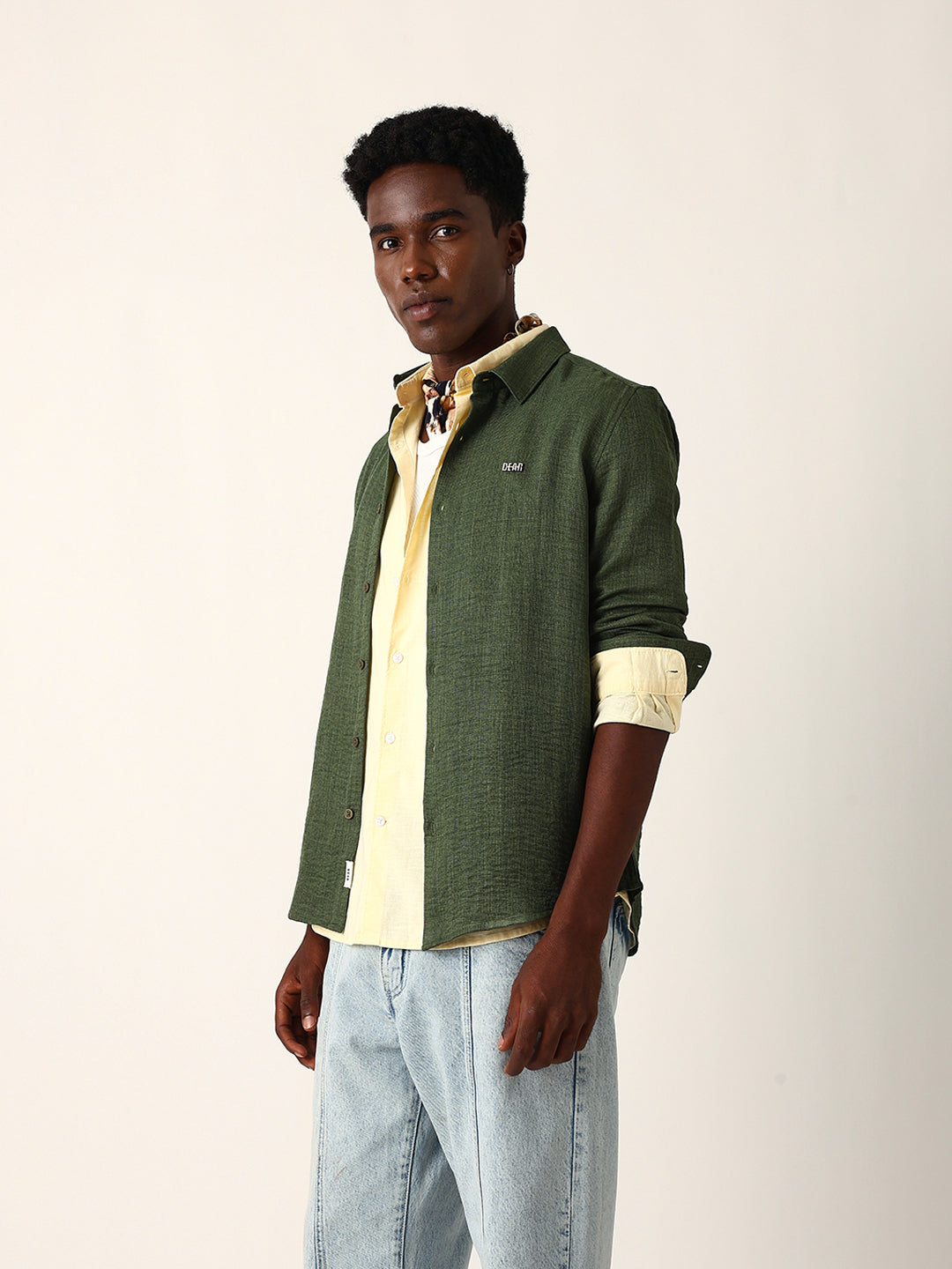 Olive Woven Textured Slim Fit Casual Shirt