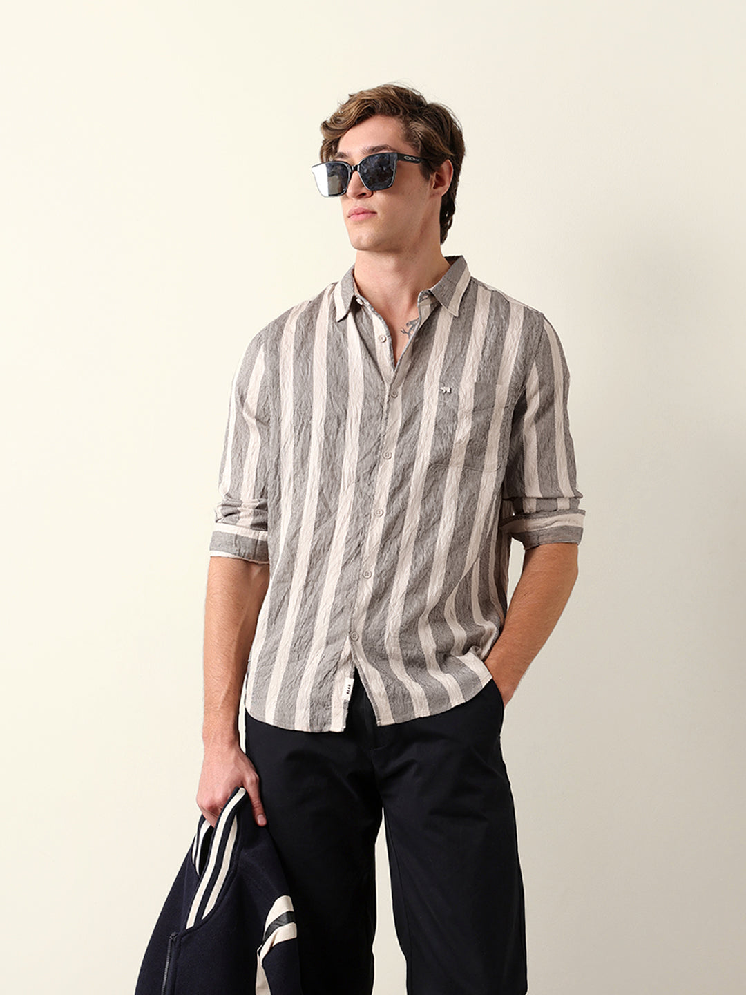Beige Regular Fit Vertical Crinkle Stripe Casual Shirt