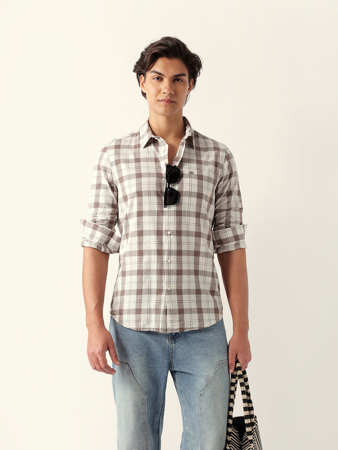 Cream & Brown Woven Checked Slim Fit Casual Shirt
