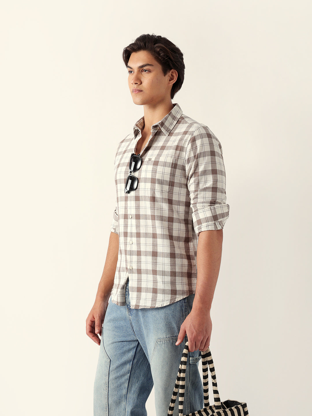 Cream & Brown Woven Checked Slim Fit Casual Shirt